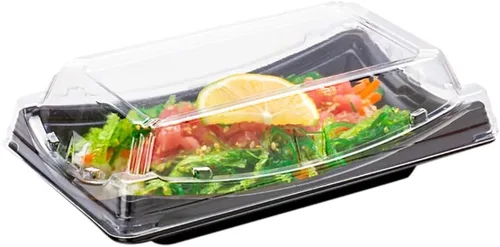 Vista 5 de Restaurantware Roku - Bandejas de sushi de 9.75 x 4.75 pulgadas, 100 recipientes desechables para sushi con tapas, recipientes largos