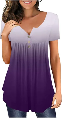 Vista 2 de Women Plus Size Gradient Printed V Neck Short Sleeve T Shirts Button Pullover Tank Tops Women Shirt Dress Button