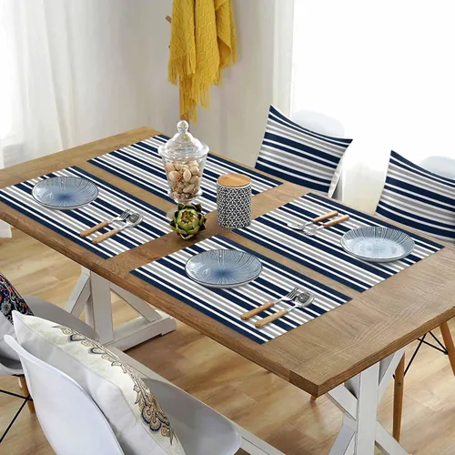 Vista 8 de Juego de 6 manteles individuales lavables de lino y algodón para cocina, mesa de comedor, color azul marino, gris y blanco, a rayas