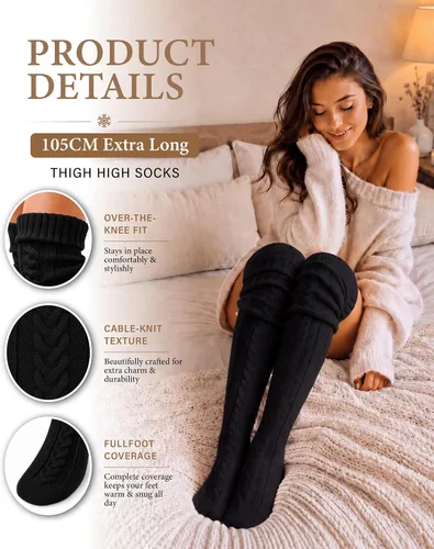 Vista 3 de Pcavin Calcetines altos hasta el muslo para mujer, calentadores de piernas 1 piezas-negro