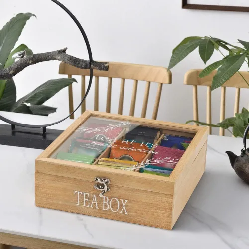 Vista 4 de Caja de té, almacenamiento de bolsas de té, organizador de bolsas de té de bambú, baúl moderno con 9 compartimentos y cubierta transparente