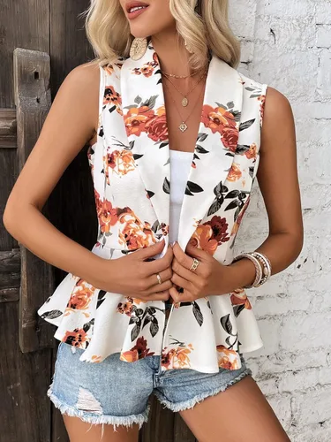 Vista 5 de Floerns Blazer sin mangas con estampado floral y cuello de chal y dobladillo con volantes para mujer