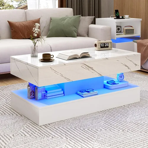 Vista 12 de chartustriable Mesa auxiliar grande de 39.4 pulgadas con LED de alto brillo con 2 cajones deslizantes, mesas de centro de almacenamiento para sala