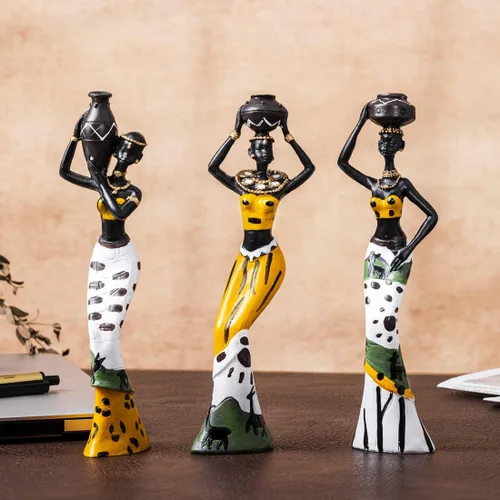 Vista 5 de Galiyen Paquete de 3 estatuas y esculturas africanas para mujeres, figuras exóticas tribales para decoración del hogar, figuras afroamericanas
