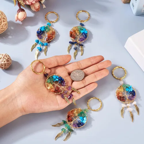 Vista 5 de KISSITTY Colgante de atrapasueños colgante con piedras preciosas adornadas con atrapasueños, adorno étnico de filigrana, Llavero del árbol de la vida