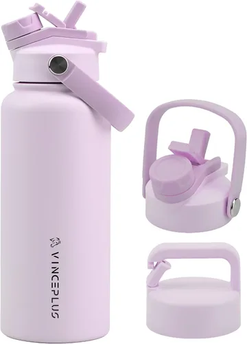 Vista 19 de Botella de agua de acero inoxidable de 32 onzas con tapa 2 en 1, botella de agua aislada al vacío de triple pared, a prueba de fugas, asa