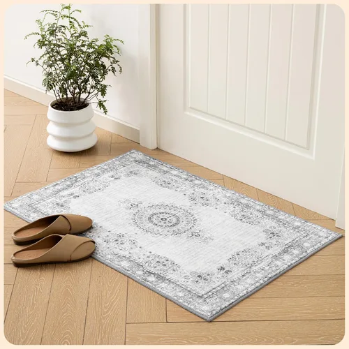 Vista 405 de Istana Alfombra larga antideslizante de 2.5 x 8 para el hogar, para pasillo y cocina, lavable, sedosa y suave al tacto, elegante, color azul y marfil