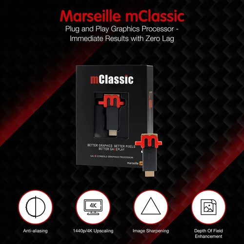 Vista 4 de Marseille mClassic - Consola de videojuegos Plug-and-Play 1440p4K Upscaler - Actualiza tu tarjeta gráfica en tiempo real sin retraso para Nintendo