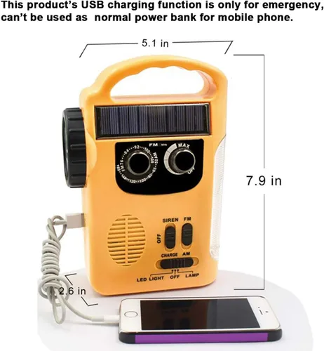 Vista 6 de HOSHINE Solar multifuncional 4-way Powered LED Camping linterna y linterna con radio AM/FM cargador de teléfono celular, color amarillo