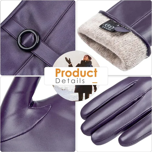 Vista 5 de Guantes de cuero de invierno para mujer, guantes de piel de cordero para pantalla táctil