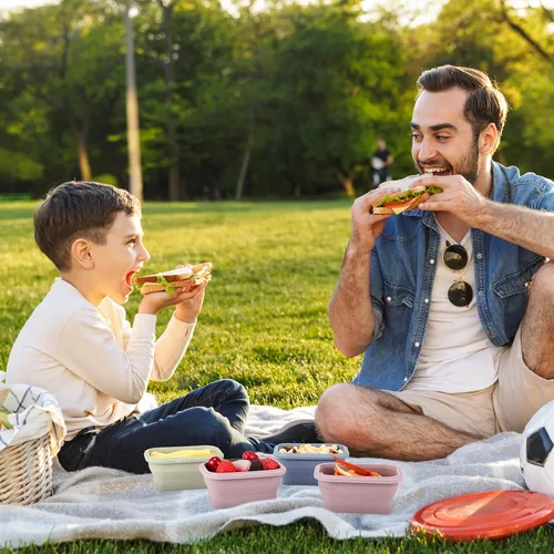 Vista 7 de Mifoci 6 recipientes de silicona para alimentos, contenedores plegables de almacenamiento de alimentos con tapas herméticas, apilables