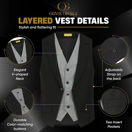 Vista 45 de Oliver George Chaleco formal de esmoquin en capas para hombre, chaleco de traje de negocios