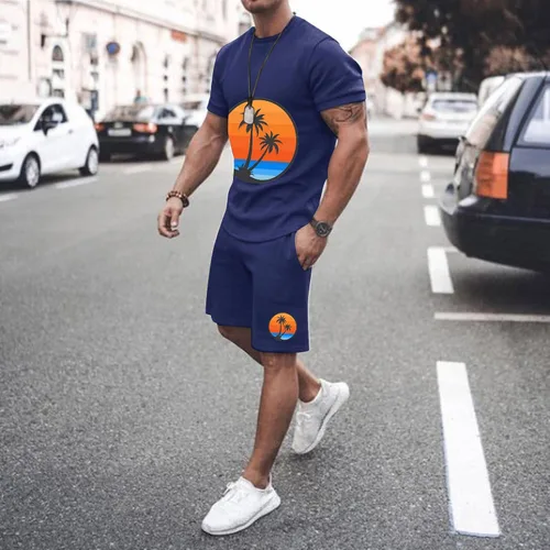 Vista 2 de EELHOE Mens Beach Outfits 2 Piece Relaxed-Fit Lightweight Short Sleeve Shirt and Drawstring Shorts Breathable Tracksuit