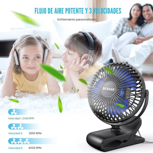 Vista 8 de BESKAR Ventilador de clip alimentado por USB, ventilador portátil de 6 pulgadas con cable, 3 velocidades de flujo de aire fuerte, ventilador pequeño