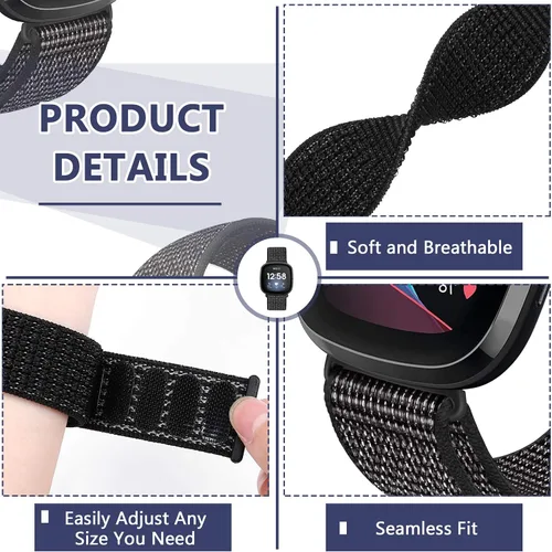 Vista 3 de Correas de nailon compatibles con Fitbit Versa 4/Sense 2/Versa 3/Fitbit Sense, correa de repuesto ajustable deportiva suave transpirable
