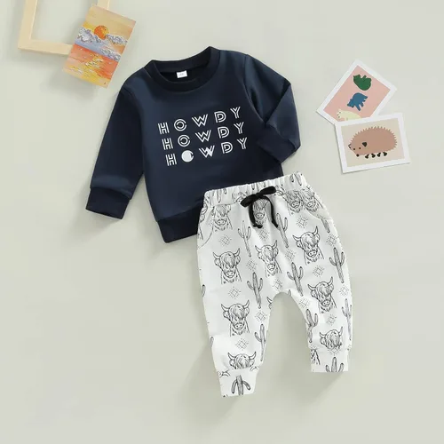 Vista 3 de Ropa occidental para bebé recién nacido, sudadera con estampado de vaca, sudadera y pantalones deportivos, conjunto de ropa para otoño e invierno