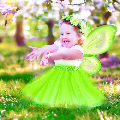Vista 6 de Geyoga Disfraz de princesa para niños con alas de mariposa tutú varita y diadema de corona floral para niños de 3 a 8 años