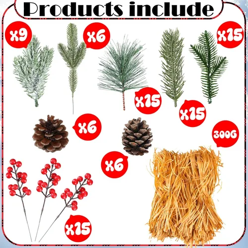 Vista 3 de Hotop Juego de 3 centros de mesa de Navidad, 90 piezas de ramas artificiales nevadas, conos de pino acebo, bayas con caja de madera para casa