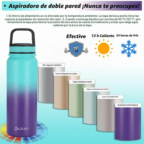 Vista 5 de Oldley Botella de Agua Aislada con Pajilla de 20oz, Botellas de Agua de Acero Inoxidable con 3 Tapas, Aislamiento al Vacío de Doble Pared Térmica