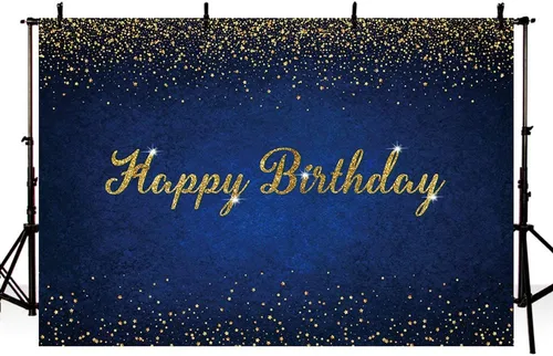 Vista 3 de MEHOFOND Telón de fondo azul y dorado de feliz cumpleaños con puntos dorados con purpurina azul real para mujeres, hombres y niños, decoración