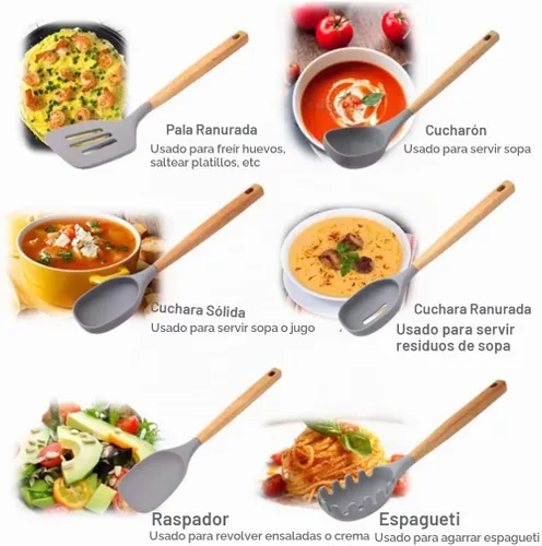 Vista 6 de Juego de utensilios de cocina de silicona de alta calidad, herramientas de cocina de 7 piezas con asas de madera de acacia y soporte de bambú, Gris