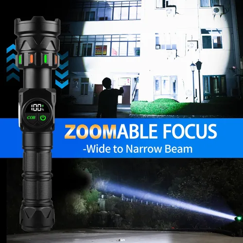Vista 11 de Linternas recargables de alto lúmenes 5000 de larga distancia, luces LED superbrillantes con luz lateral COB pantalla LCD USB C, fuente de luz dual