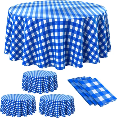 Vista 12 de Remagr Mantel Desechable de Cuadros Redondo de Plástico Buffalo Plaid Mantel de Mesa de 84'' Cubierta de Mesa Gingham para Picnic Camping BBQ Fiesta
