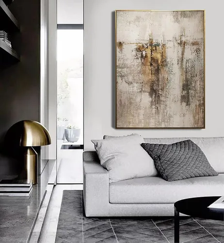 Vista 2 de Pintura de arte abstracto grande beige dorado marrón para sala de estar, pintura gris beige, arte de pared escandinavo, decoración del hogar, 14 x