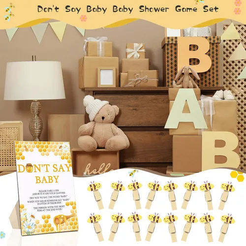 Vista 6 de Unittype 51 Piezas No Digas Bebé Juego de Baby Shower Regalos Incluye Letrero de Baby Shower Tema Abeja y 50 Mini Pinzas de Ropa de Abeja para Niños