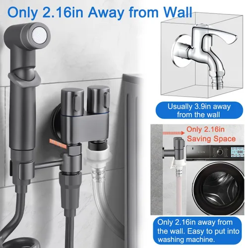 Vista 3 de Pulverizador de bidé de mano para inodoro, accesorio de bidé de válvula de control dual de 1 en 2 salidas, kit de rociador de mano ajustable