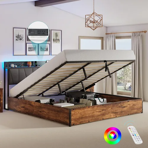 Vista 14 de LUXOAK Marco de cama de almacenamiento elevable tamaño King con luces LED, cabecera tapizada de lino con estación de carga, marco de cama de Negro