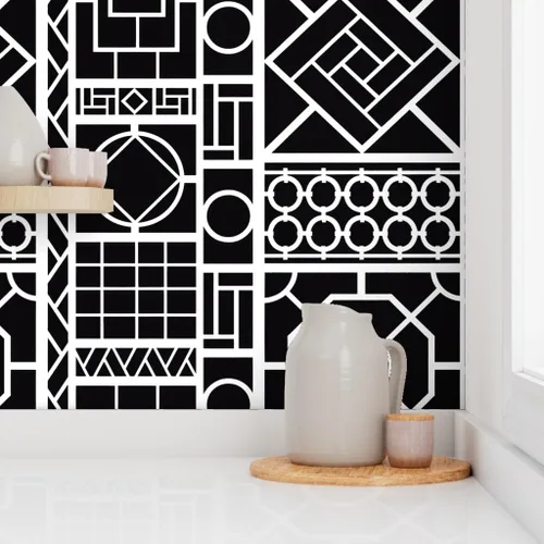 Vista 8 de Spoonflower Pelar y pegar muestra de papel tapiz - Enrejado Negro Círculos Blancos Graffiti Chinoiserie Palm Beach China Papel pintado extraíble