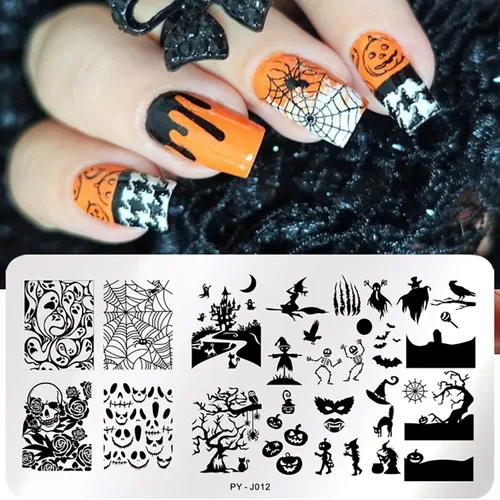 Vista 2 de Juego de 6 placas de estampado de uñas de Halloween, hojas de arce para otoño, kit de plantillas de estampación de uñas, fantasma, murciélago