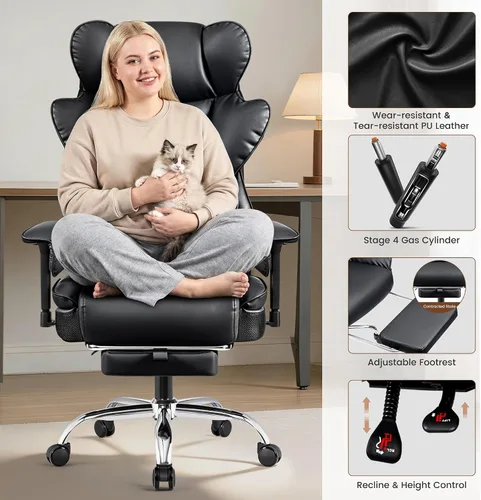 Vista 8 de BESTFAIR Silla de Oficina Grande y Alta - Silla Ejecutiva de Servicio Pesado 400 LBS con Soporte Lumbar y Reposapiés, Silla de Escritorio Ergonómica