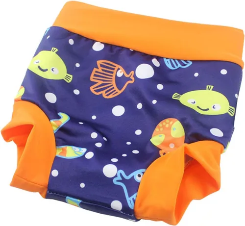 Vista 5 de Leideur Pañales de natación para bebé para niños, pantalones cortos de natación de cintura alta (2-3 años, rayas azul marino + peces)
