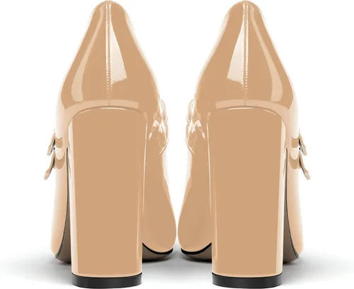 Vista 4 de MERRORI Vestido sólido con correa ajustable para mujer, con hebilla de patente, puntera puntiaguda, tacón alto, zapatos de 4 pulgadas Beige