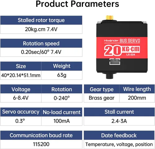 Vista 9 de LX-224 Serial Bus Servo, 3 Conectores 44.1 lbs Gran Torque Doble Rodamiento de Bolas Motor Servo de Metal Completo Equipado con Sistema
