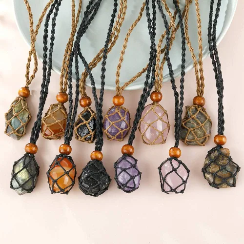 Vista 3 de Cordón de collar hecho a mano, soporte de piedra vacía, cordón de collar para cristal, cordón de collar de piedra cruda de cuarzo, soporte