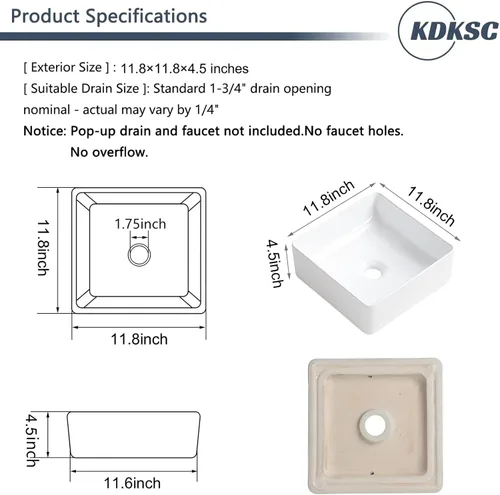 Vista 3 de Lavabo pequeño para baño tipo vasija 11.8"x11.8" pulgadas cuadrado, lavabo de baño de cerámica blanca, lavabos de baño modernos sobre encimera
