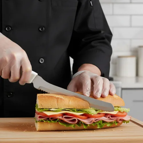 Vista 3 de Soro Essentials - Cuchillo sándwich de acero de alto carbono con borde festoneado de 8 pulgadas con mango de color blanco- Cuchillo dentado
