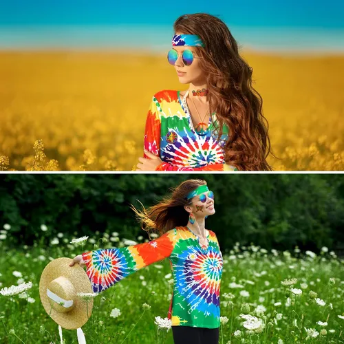Vista 5 de Jiuguva Conjunto de 17 piezas de disfraz hippie de los años 60 y 70 para mujer, vestido de discoteca, pantalones bohemios, acampanados, camisa