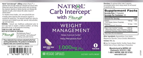 Vista 4 de Natrol Intercept de carbohidratos con cápsulas de control de carbohidratos de fase 2, extracto de frijol blanco, ayuda a controlar