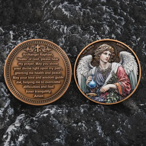Vista 5 de Moneda de desafío Arcángel Rafael - Santo de curación, moneda de coleccionista de doble cara de 1.57 pulgadas