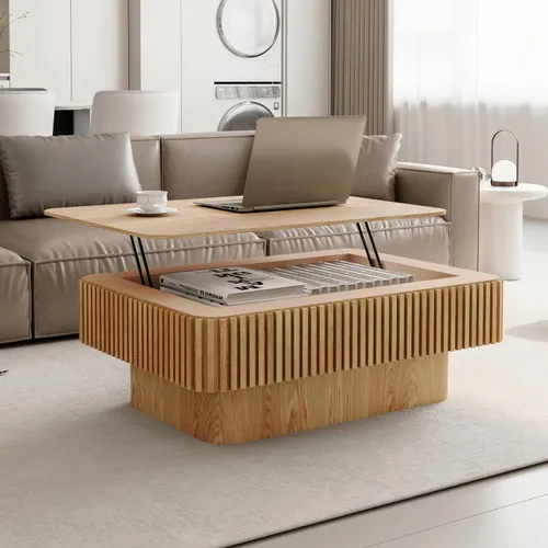Vista 32 de Henf Mesa auxiliar elevable con almacenamiento, mesas de centro de madera maciza de 47.24 pulgadas con parte superior elevable, 3 bandejas