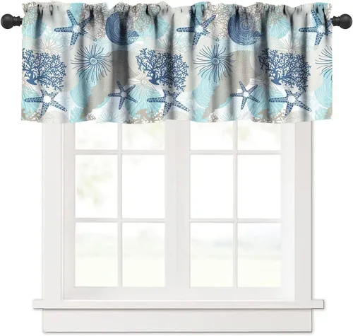 Vista 9 de JESTRONRY Cenefa de estrellas de mar con diseño de conchas marinas, cenefas de cortina con temática de playa oceánica para dormitorio, sala