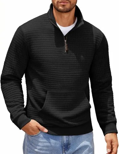 Vista 18 de COOFANDY - Sudadera con capucha para hombre, manga larga, con cremallera de un cuarto, estilo sarga casual, con bolsillo Verde militar