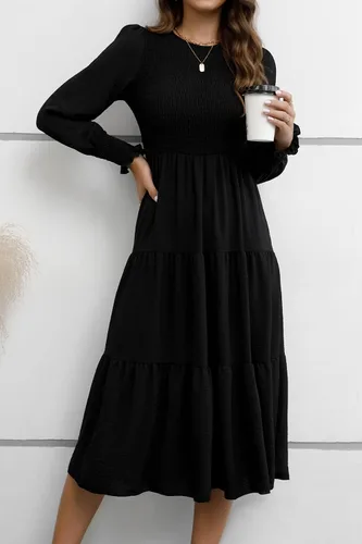 Vista 7 de ZOOMOON Vestido casual de otoño de manga larga para mujer, cuello redondo, cintura alta fruncida, vestidos largos escalonados