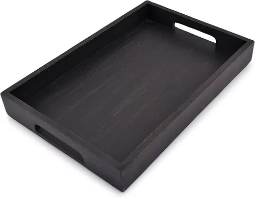 Vista 4 de EDHAS Bandeja rectangular de madera de acacia negra para desayuno, cena, bebidas, cocina, comedor, sala de estar, baño con asa