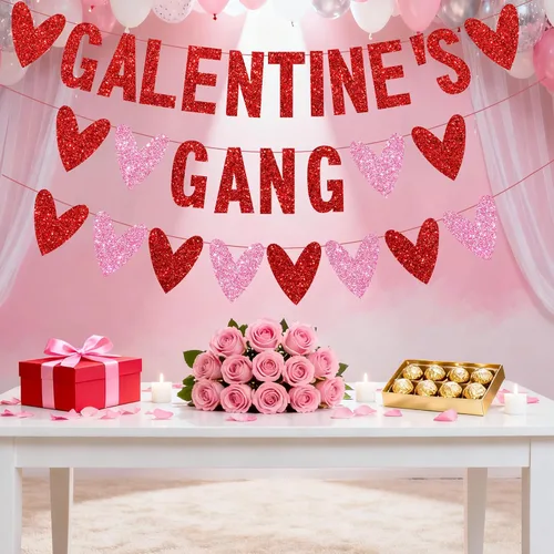 Vista 5 de 3 piezas de decoración del día de los galentinos, pancarta con purpurina de la banda de Galentine con guirnalda de corazón de amor, decoración