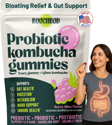 Vista 7 de BoochBod - Gomitas probióticas de kombucha - Prebióticos, probióticos, postbióticos, suplemento de fibra, olmo resbaladizo, raíz de diente de león